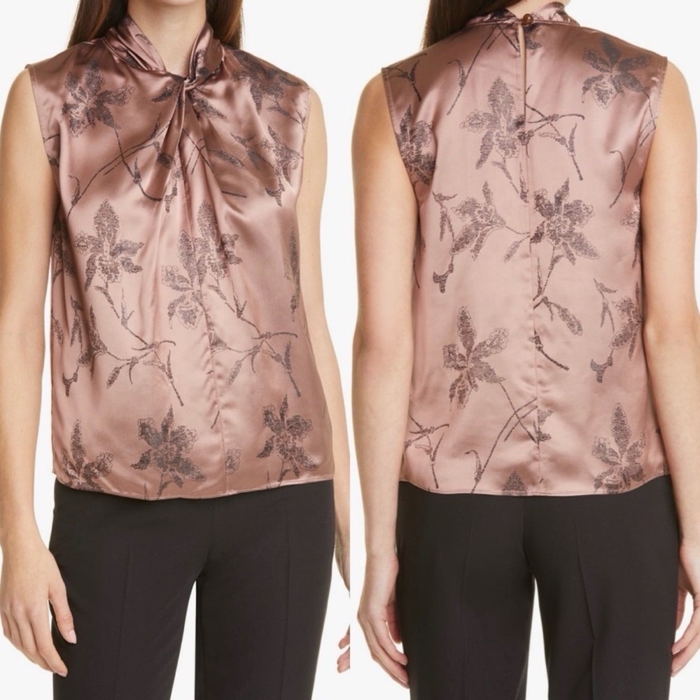 NWT Vince Large Iris Twist Neckline Knot Top Sleeveless Blouse Work Office